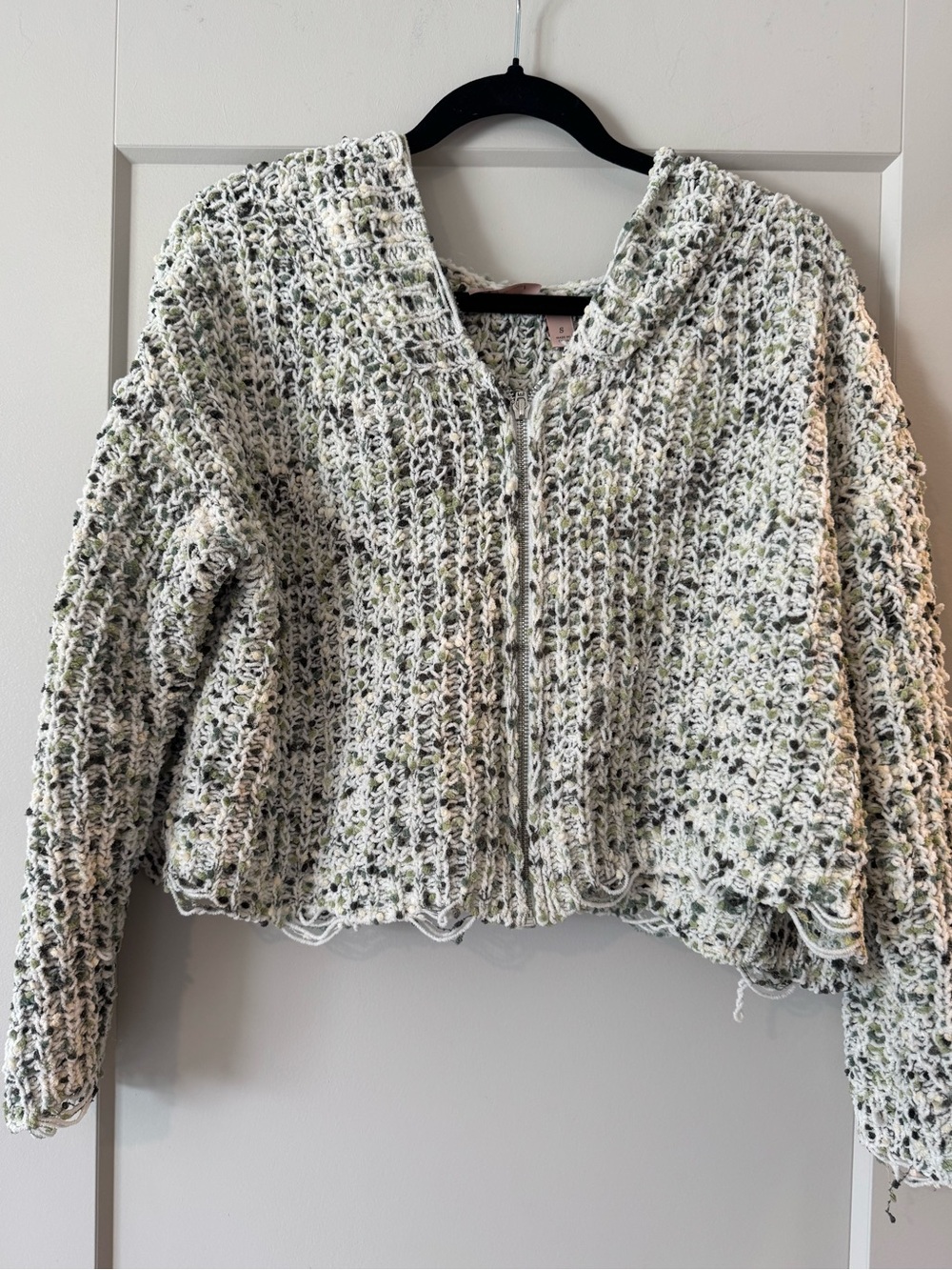 Speckled Zip-Front Knit Cardigan - Ivory with Green Flecks